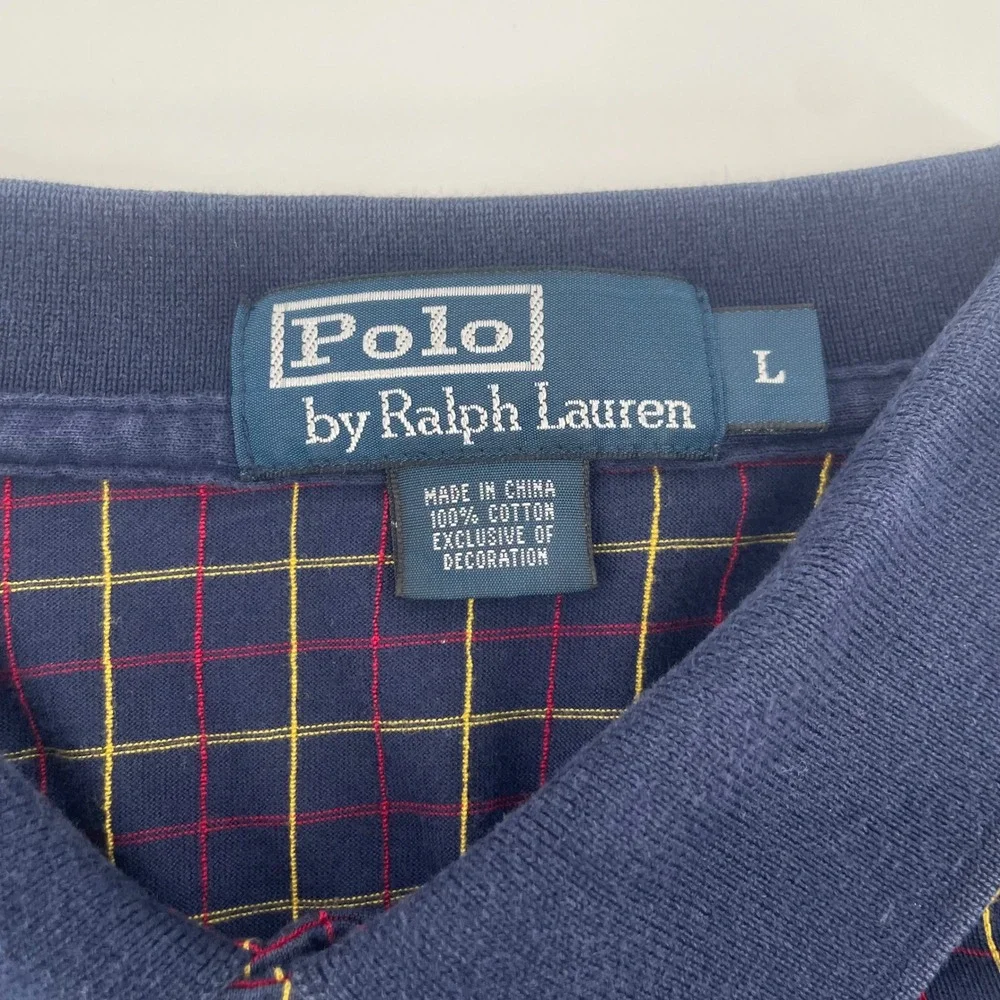 Polo Ralph Lauren VTG Polo Shirt Mens L Blue Plaid‎ Windowpane Check Cotton Logo
